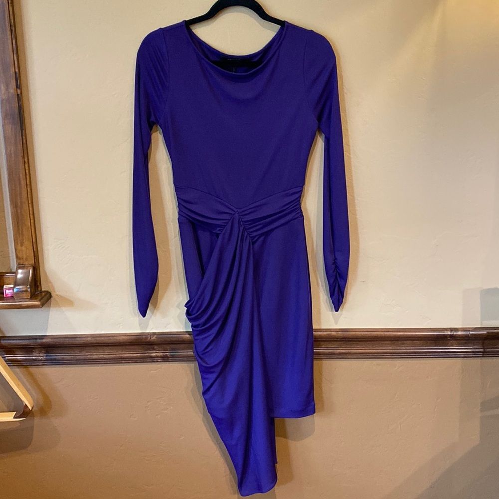 Bcbgmaxazria Long Sleeve Royal Purple Draped Knot Dress